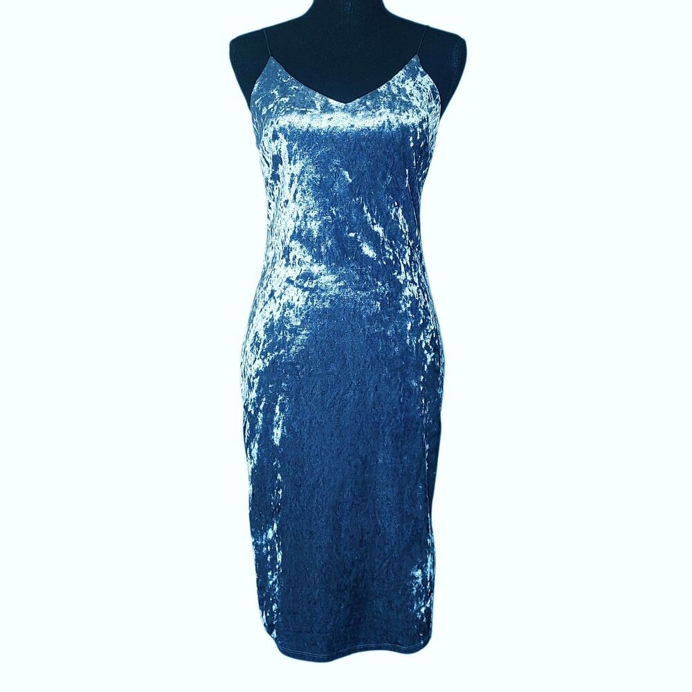 Women M Teal Crushed Velvet Hoco Party Prom Whimsygoth Stretch Midi Slip Dress